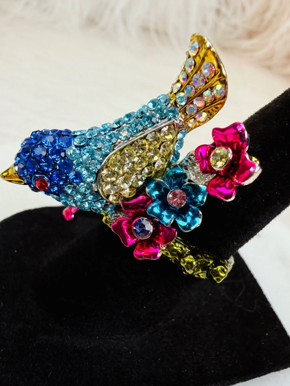 Colorful Bird size 5 3/4 Statement Ring with Crystals